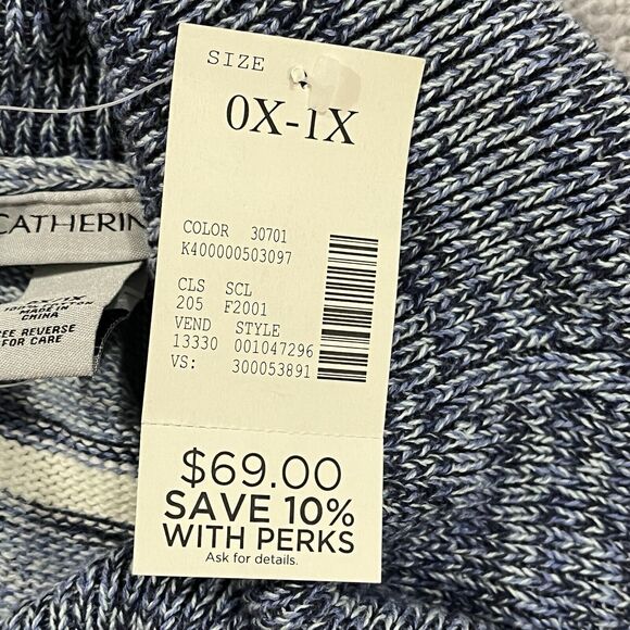 NWT Catherines Poncho Sweater Plus 0X/ 1X Pullover Cowl Neck Blue Striped Tunic - Picture 4 of 7